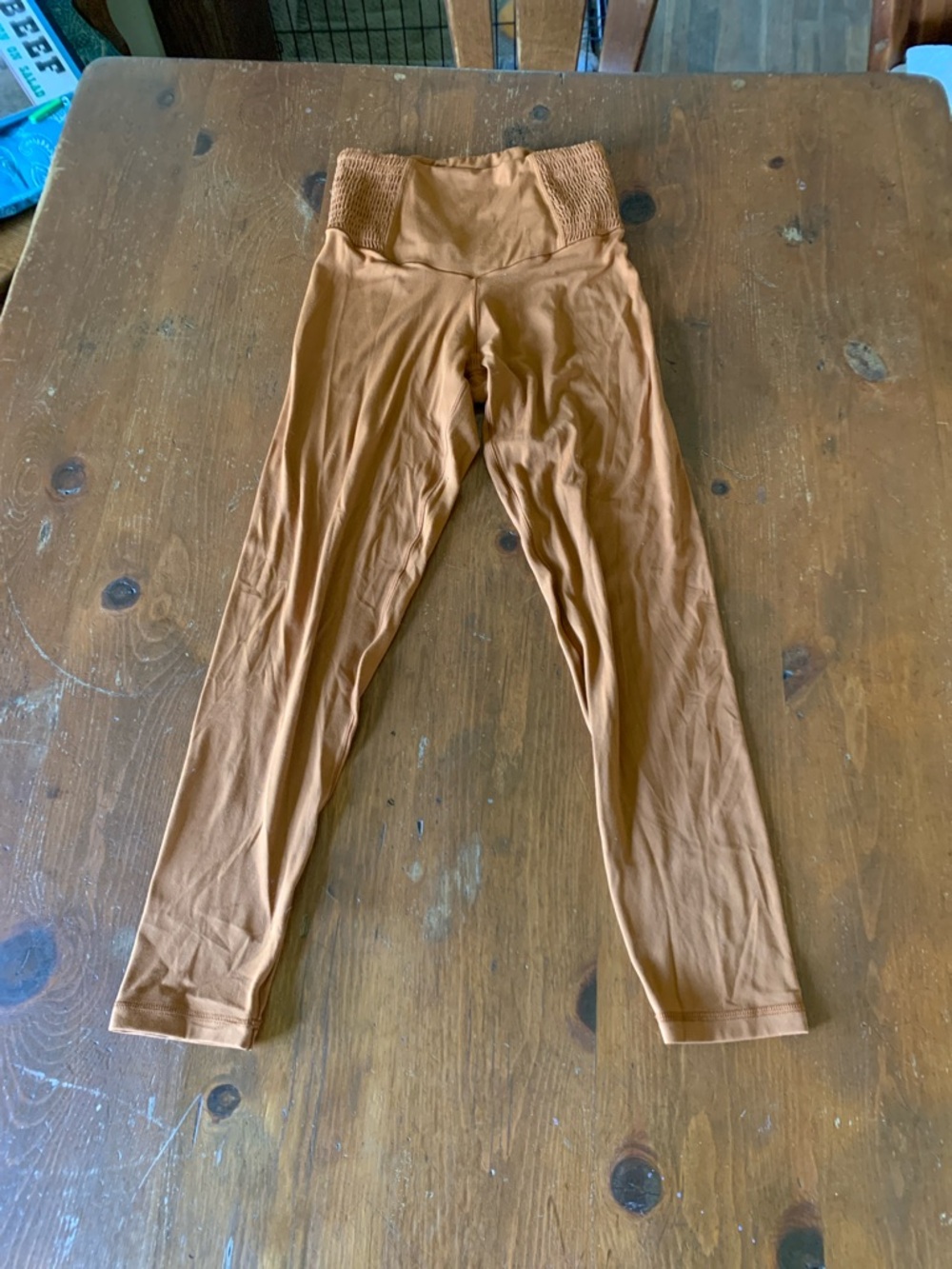 High-Waist Rust Brown Leggings with Smocked Waistband